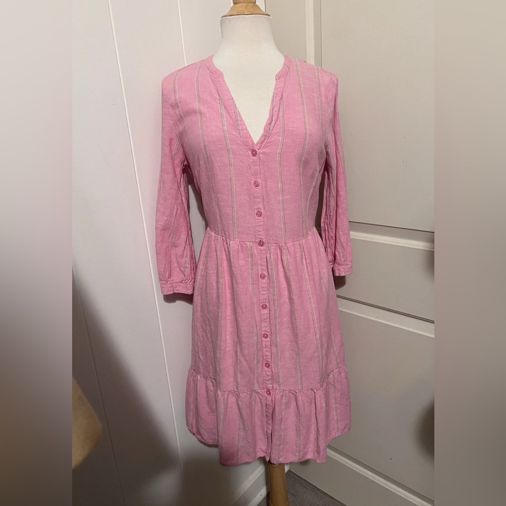 OLD NAVY Linen Shirt Dress Waist Medium Pink Stripe Resort Brunch Spring Coastal